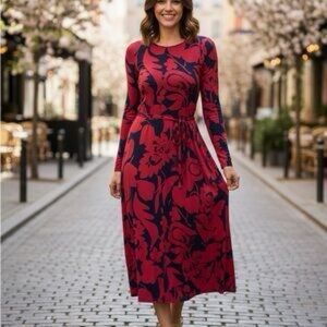 Boden Red and Navy Long Sleeve Jersey Dress